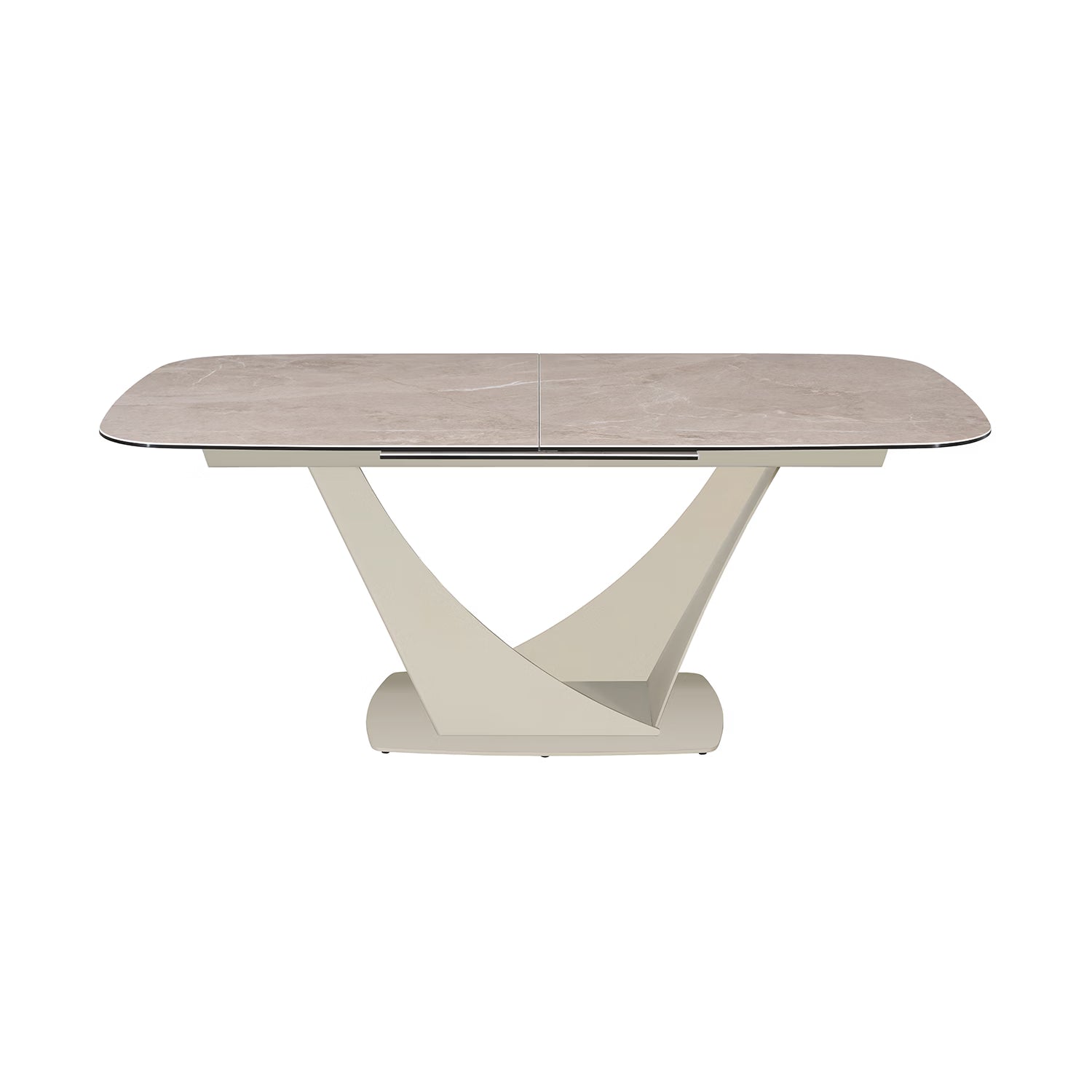 A modern rectangular dining table with a light beige marble-look top and a sculptural, curved cream-colored base, shown on a solid white background.