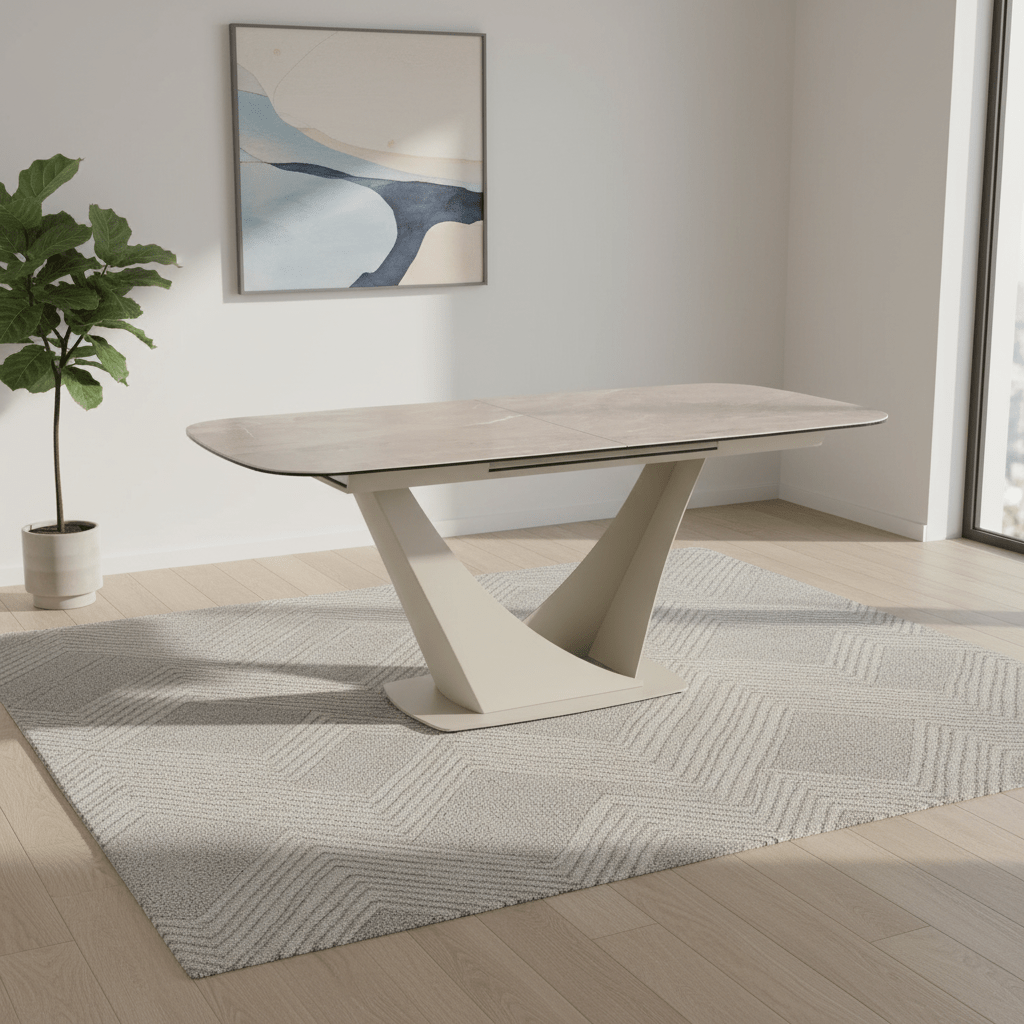 Discover the Vita Mocha ceramic extending dining table with a V-shaped metal base. Heat, scratch and stain resistant with a smooth 180-240cm extension.