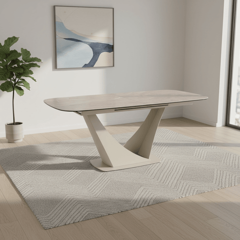 Discover the Vita Mocha ceramic extending dining table with a V-shaped metal base. Heat, scratch and stain resistant with a smooth 180-240cm extension.