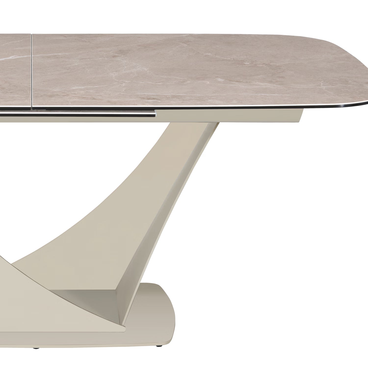 A close-up of a modern Vita Mocha Ceramic Extending Dining Table with V-Shaped Base showing a light beige marble-look top and a sculptural, curved cream-colored base on a solid white background.