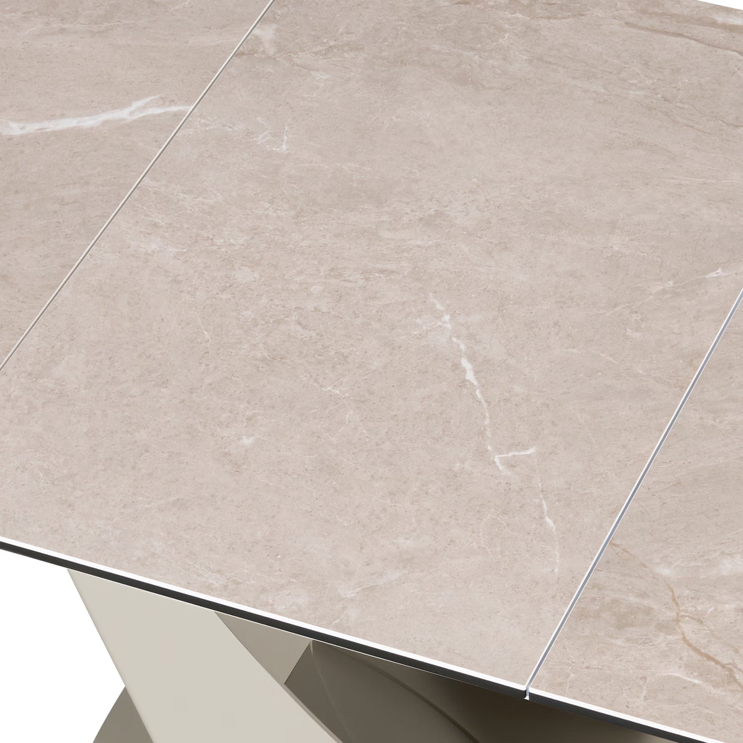 A close-up of Vita Mocha Ceramic Extending Dining Table with V-Shaped Base, Showing table top finish