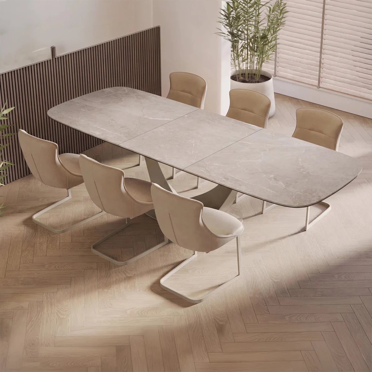 Vita Contemporary Mocha Ceramic Dining Table with Dining Chairs styled in a room