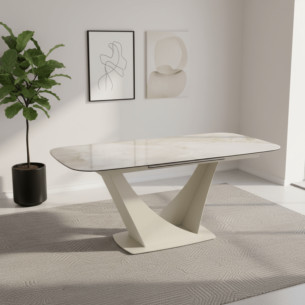 Shop the Vita Pearl White ceramic extending dining table with a V-shaped metal base. Heat, scratch and stain resistant with a smooth 180-240cm extension.