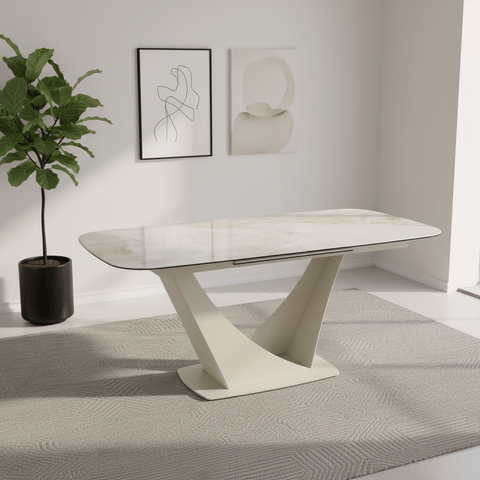 Shop the Vita Pearl White ceramic extending dining table with a V-shaped metal base. Heat, scratch and stain resistant with a smooth 180-240cm extension.