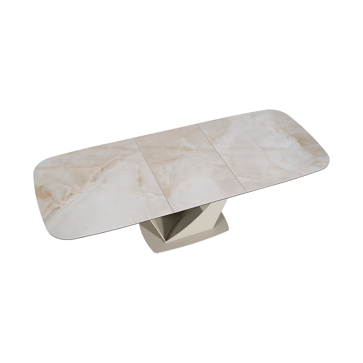 A modern rectangular dining table with a light beige marble-patterned top and a geometric metallic base, shown on a plain white background.