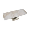 A modern rectangular dining table with a light beige marble-patterned top and a geometric metallic base, shown on a plain white background.