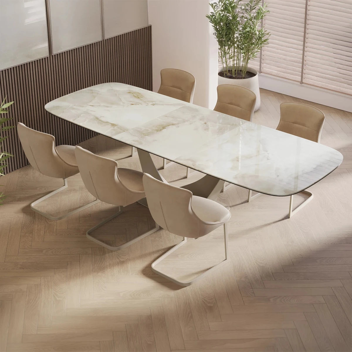 Vita Pearl White Ceramic Extending Dining Table 180-240cm with dining chairs styled in a room
