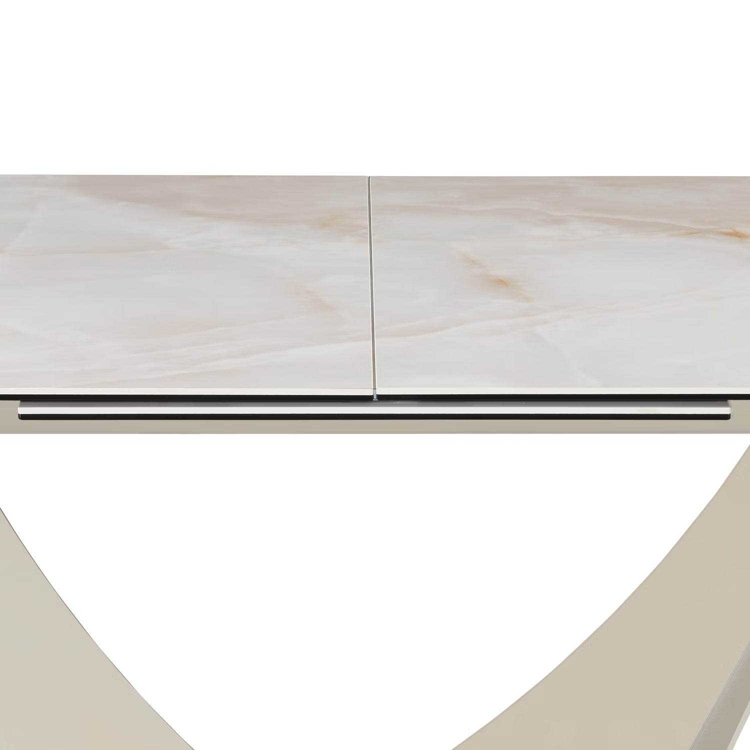 Close-up of a modern Vita Pearl White Ceramic Extending Dining Table 180-240cm