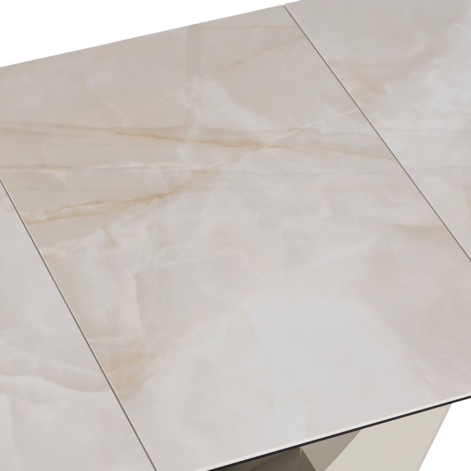 Close up of Vita Pearl White Ceramic Extending Dining Table 180-240cm Showing Table Top Extension