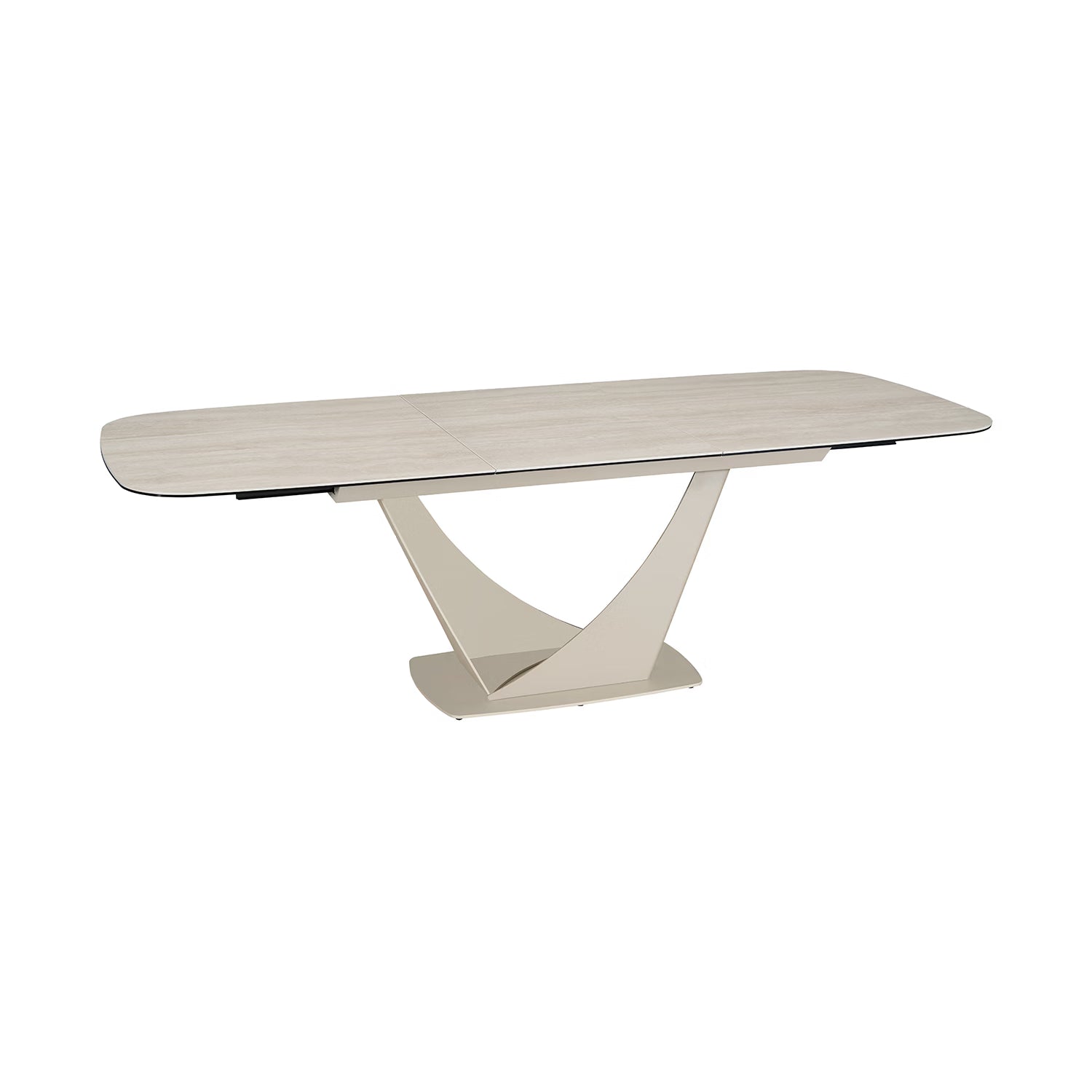 Modern Vita Travertine ceramic extending dining table with V-shaped metal base. Heat and scratch resistant ceramic top extends from 180cm to 240cm.