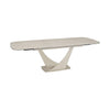 Modern Vita Travertine ceramic extending dining table with V-shaped metal base. Heat and scratch resistant ceramic top extends from 180cm to 240cm.