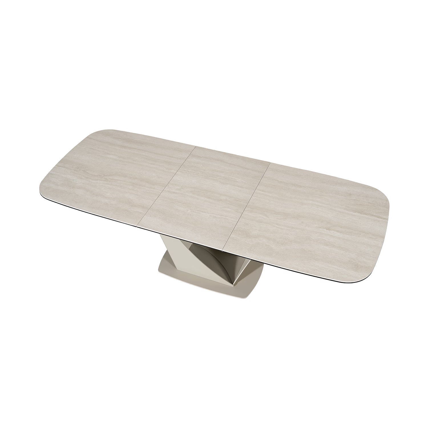 Vita Travertine ceramic extending dining table with V-shaped metal pedestal base