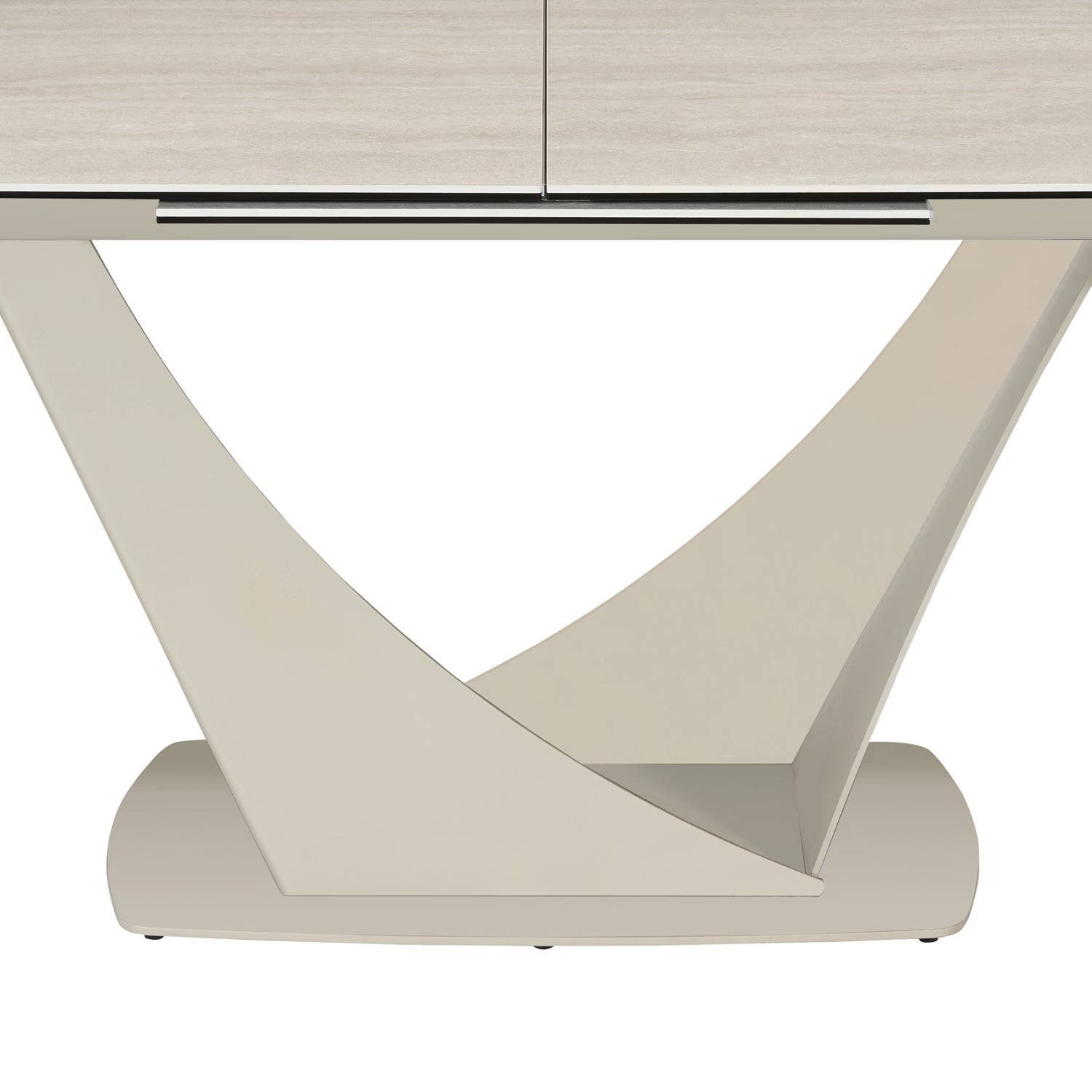 Close up of Large Travertine ceramic dining table with rounded corners, Showing Table Pedestal Base