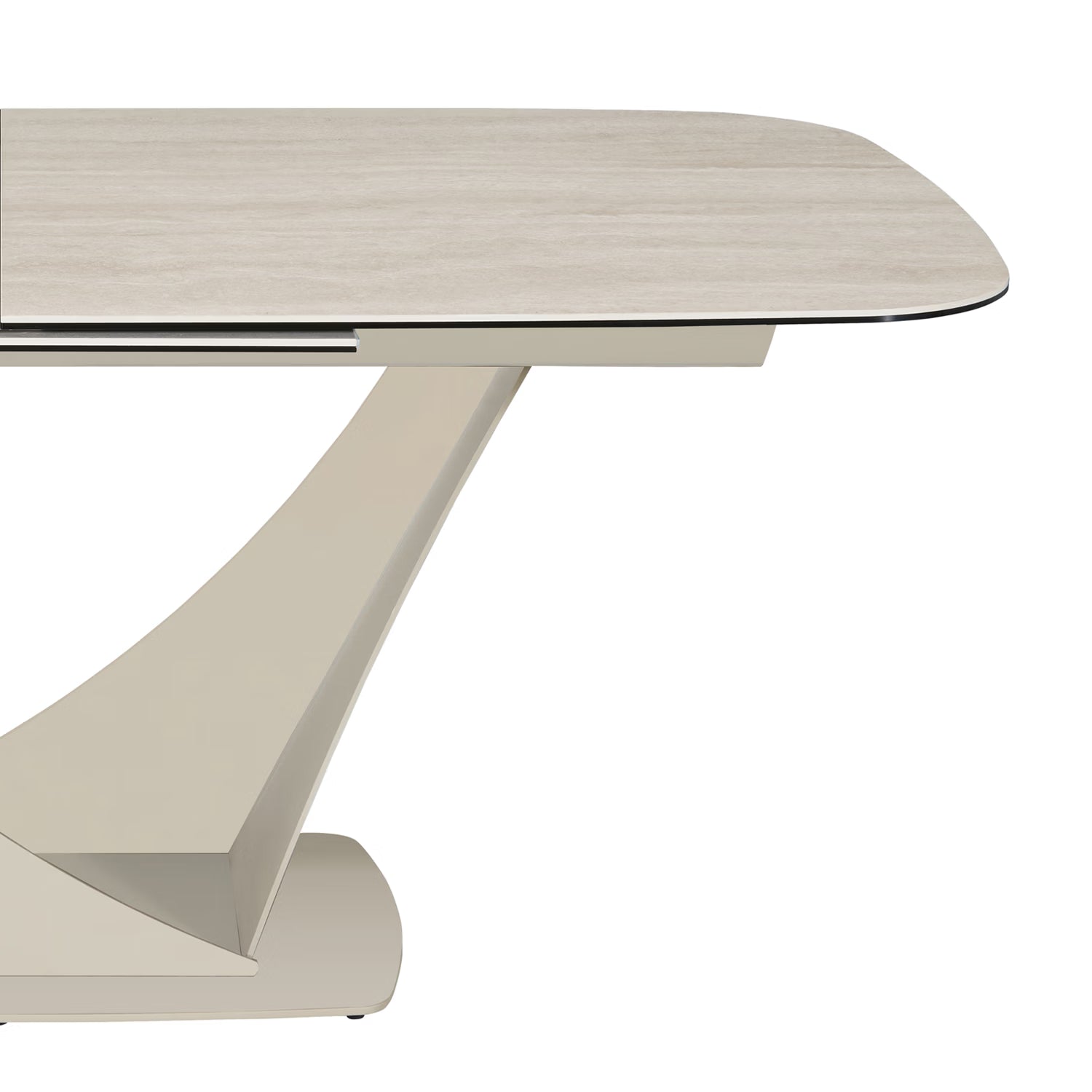 Close up of Large Travertine ceramic dining table with rounded corners, showing table top