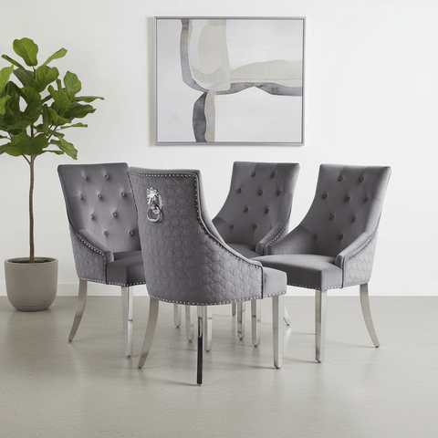 Roma Dark Grey Velvet Lion Knocker Back Set of 4 Dining Chairs