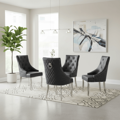Roma Dark Grey PU Lion Knocker Back Set of 4 Dining Chairs