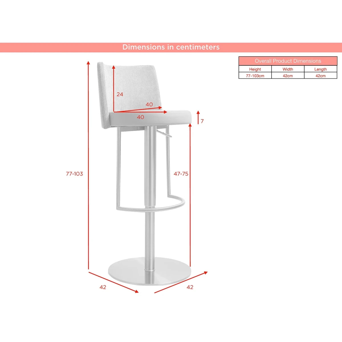 A white adjustable bar stool with red dimension lines and a small table showing overall product dimensions on a white background.