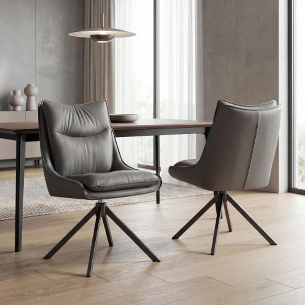 Lifestyle image of Vogue Leather Effect Grey Swivel Dining Chairs with Black Legs – Set of 4, 6 or 8