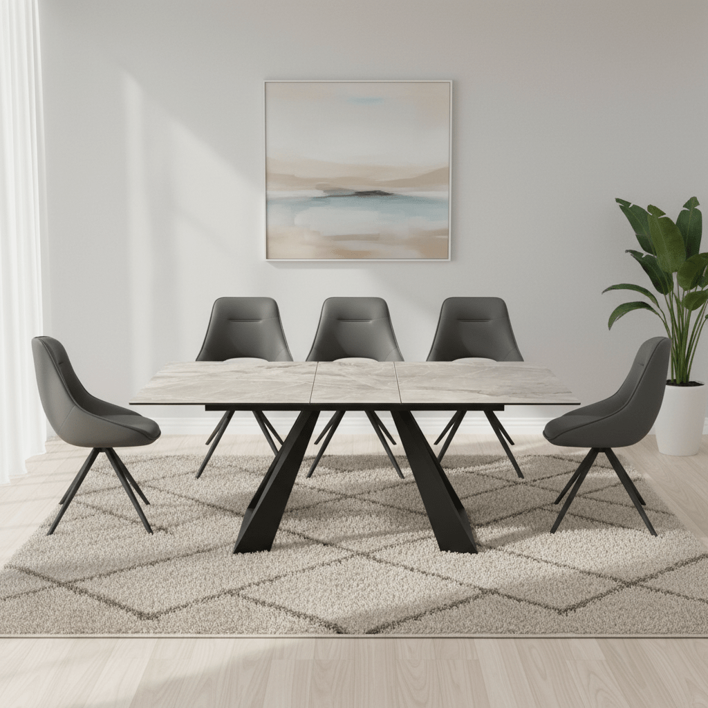 Vortex Grey Ceramic Ext Dining Table with Cerutti Swivel Dining Chairs