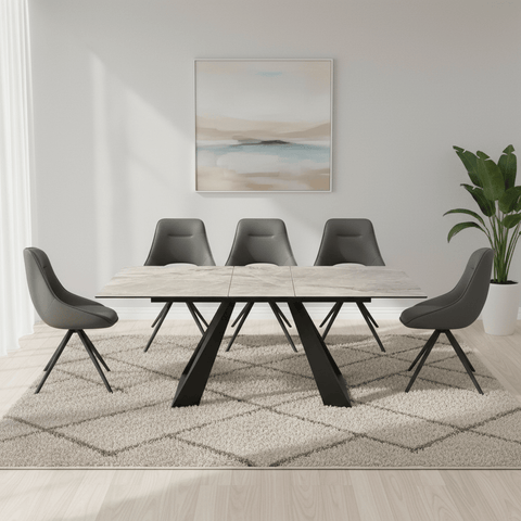 Vortex Grey Ceramic Ext Dining Table with Cerutti Swivel Dining Chairs