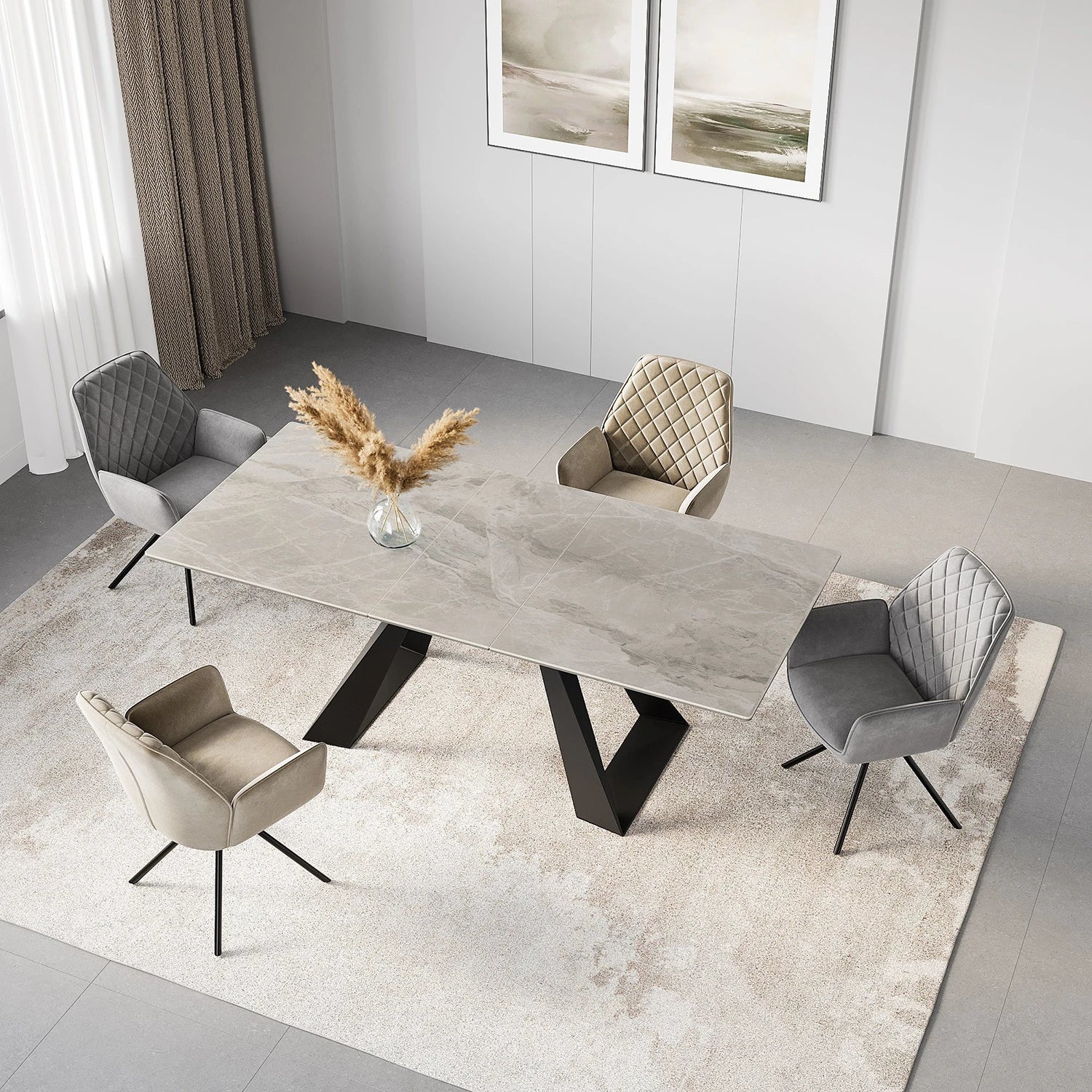 Shop the Vortex Grey Gloss Ceramic Extending Dining Table with Lina Fabric Swivel Chairs. Choose 4, 6 or 8 chairs in Grey, Mink or mixed colours.