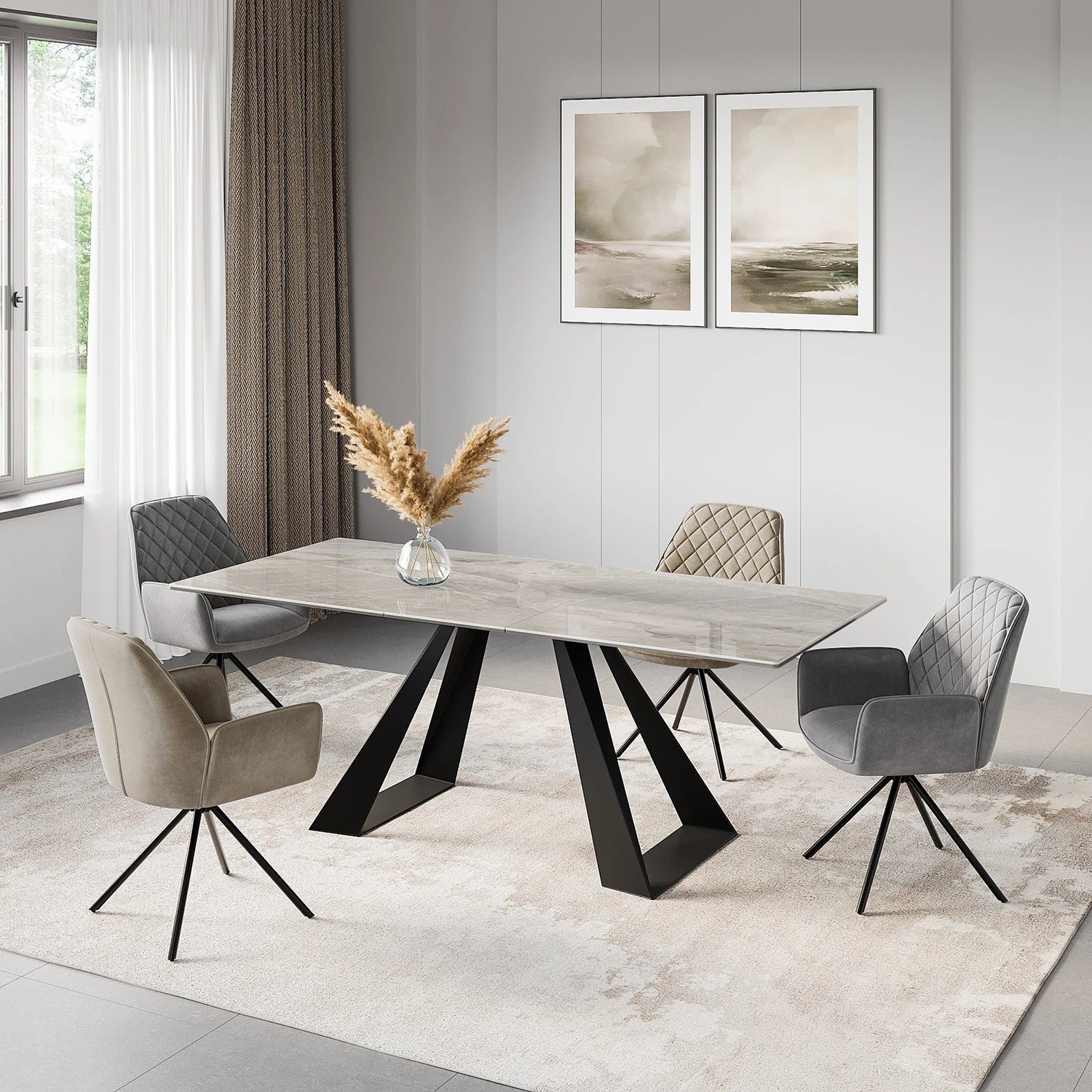 Modern dining room with a Vortex Grey Ceramic Extending Dining Table & Lina Swivel Chairs Set