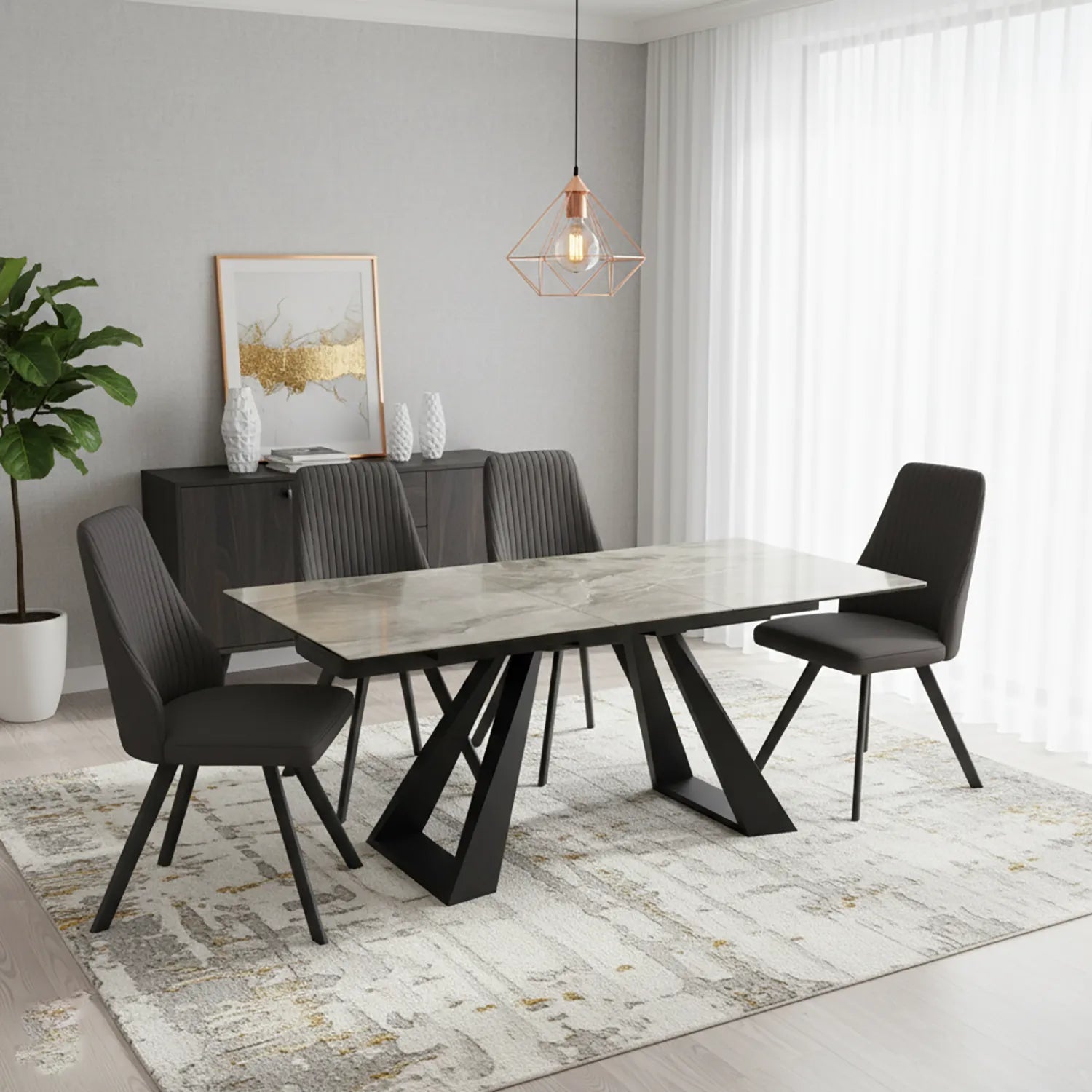 Vortex Grey Gloss Ceramic Extending Dining Table with Athens Chairs Set - Pendle Village Furniture