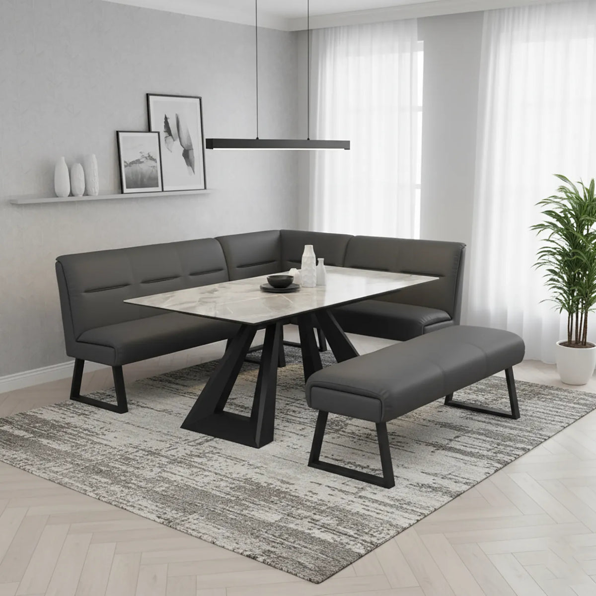 Vortex 160–200cm Grey Gloss Ceramic Extending Dining Table with Cerutti Bench Set - Pendle Village Furniture