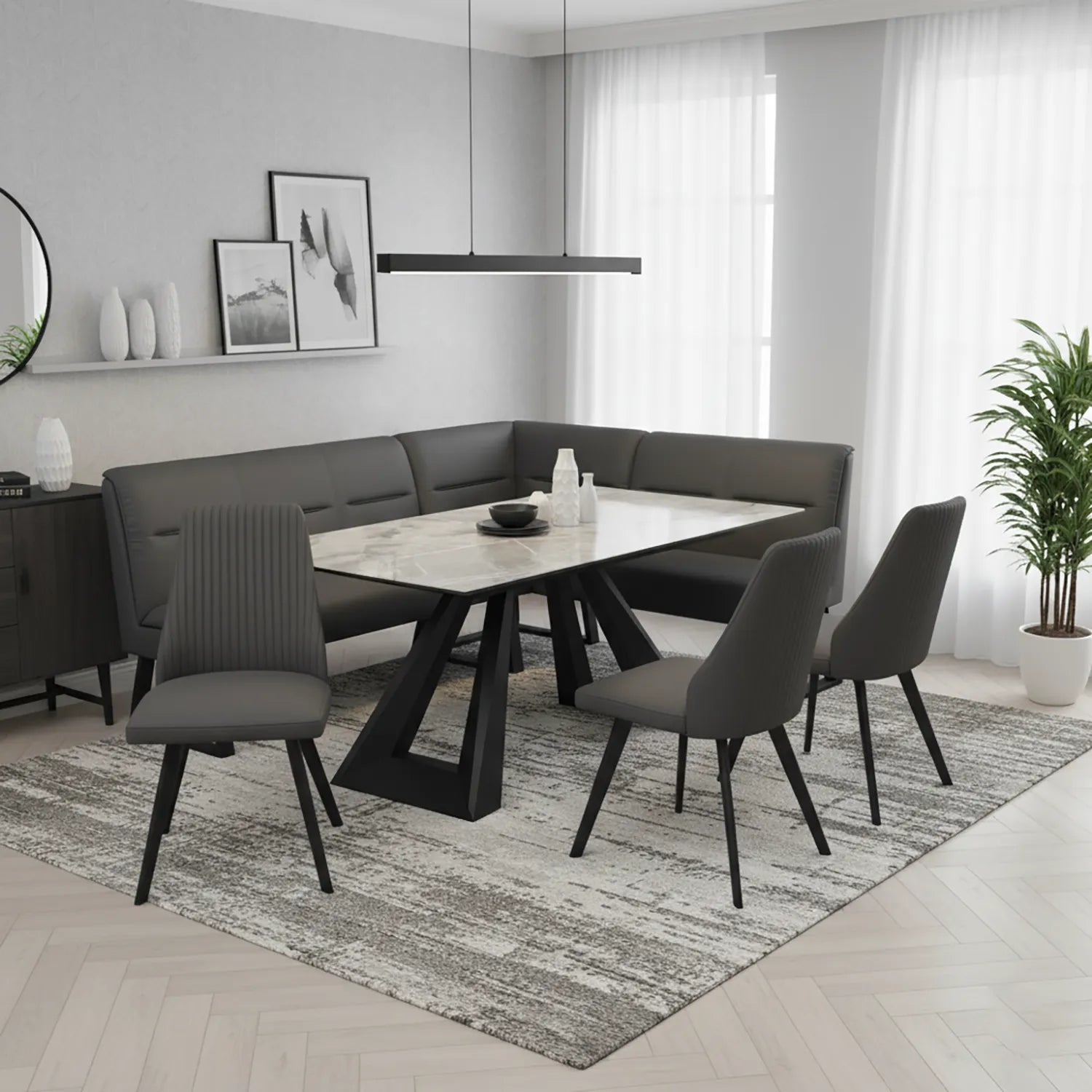 Vortex 160–200cm Grey Gloss Ceramic Extending Dining Table with Cerutti Bench Set - Pendle Village Furniture