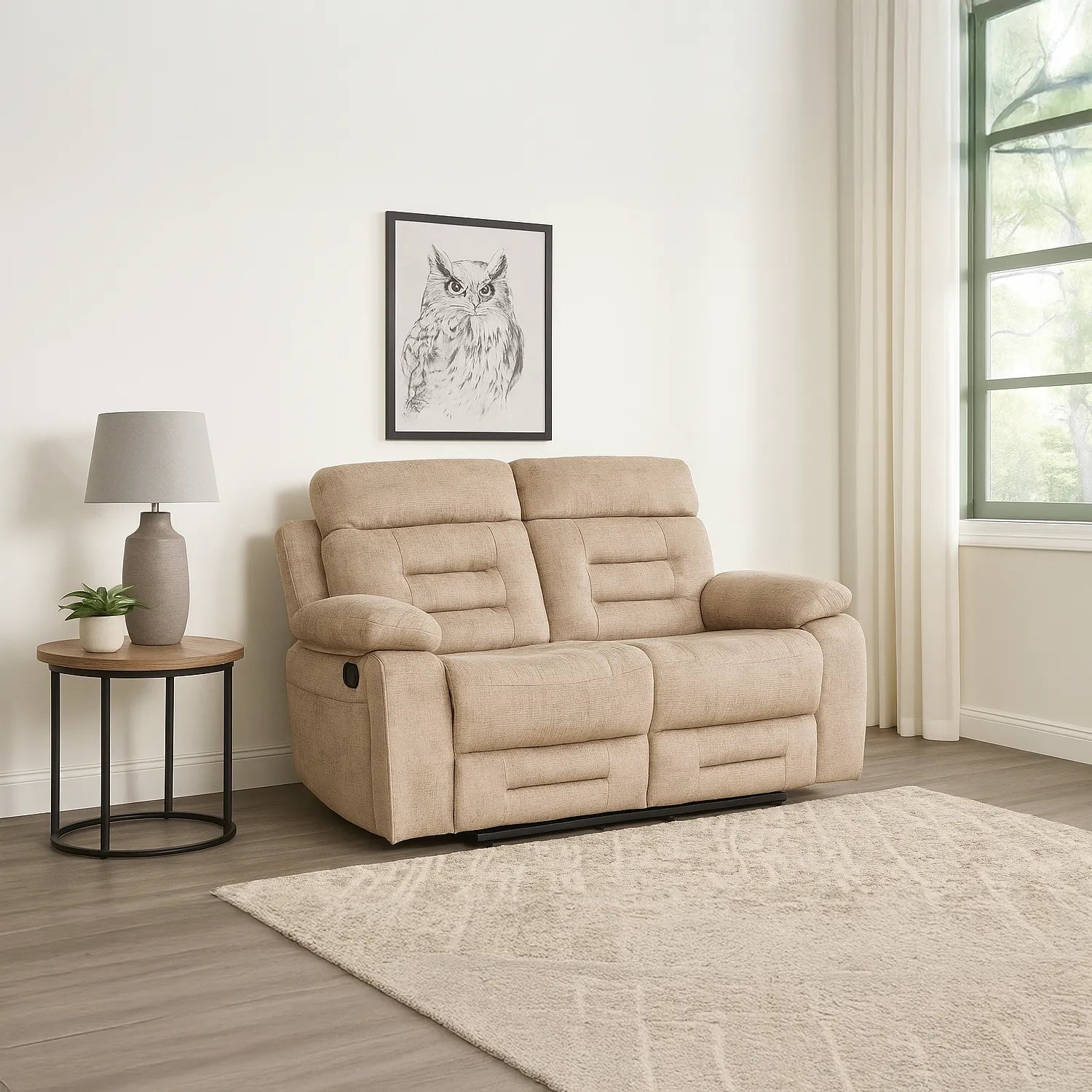 Wakefield Latte Fabric 2 Seater Manual Recliner Sofa Styled in Room