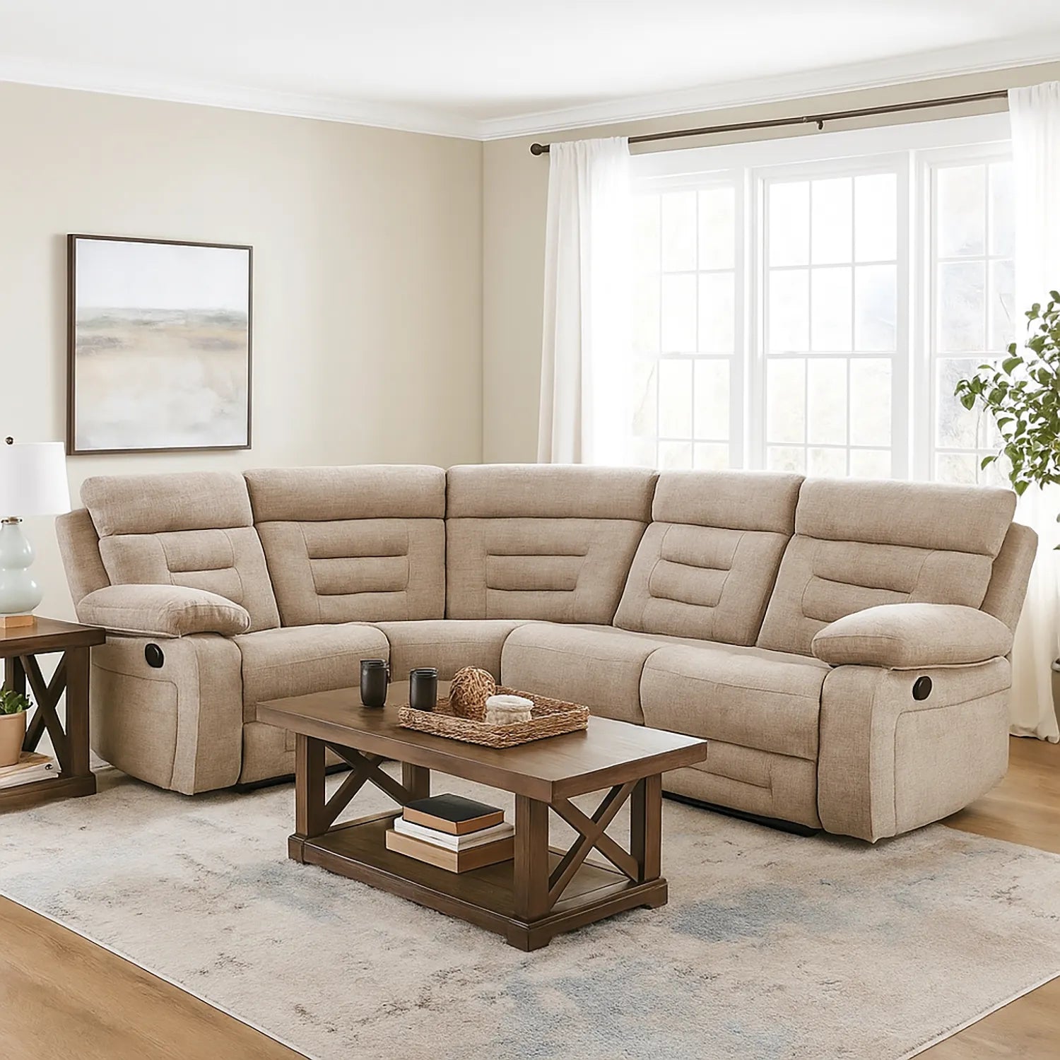 Wakefield Latte Fabric Modular Recliner Corner Sofa Styled in Living Room