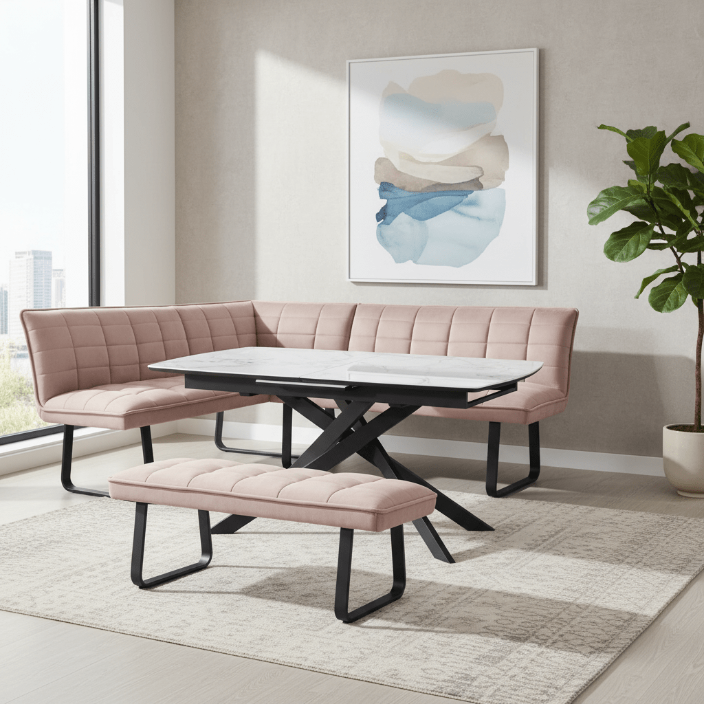 Warrior White Extending Dining Table with Corner Bench and Low Bench Set