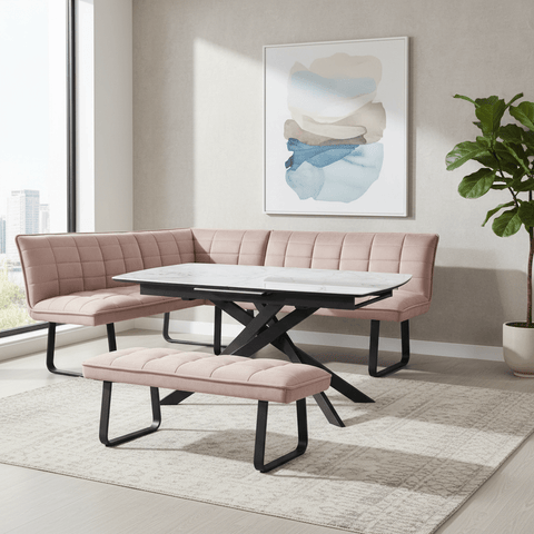 Warrior White Extending Dining Table with Corner Bench and Low Bench Set