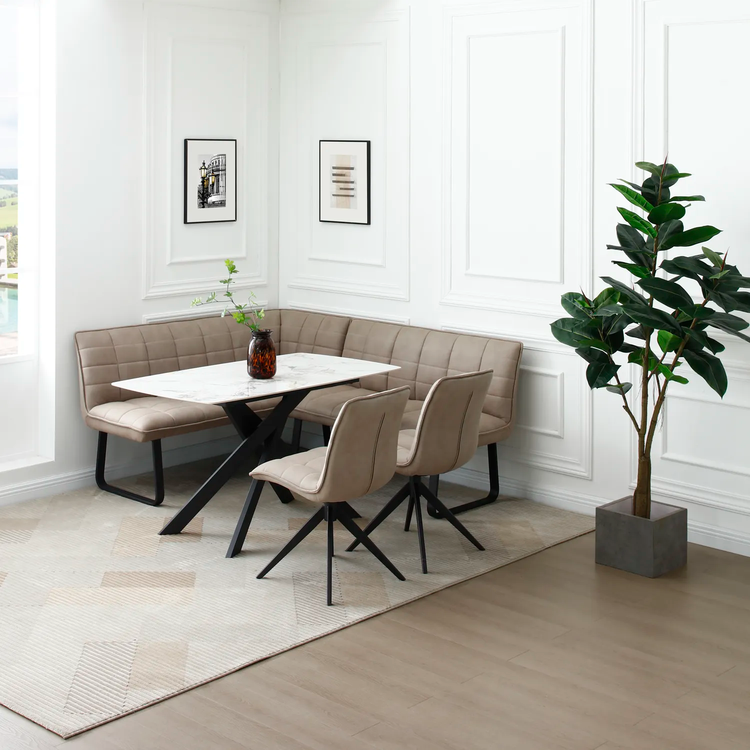 Warrior White Compact Fixed Dining Table With LHF Corner Bench and Dining Chairs