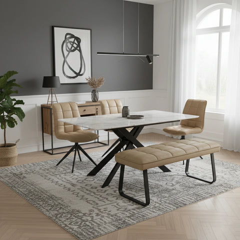 Warrior White Compact Fixed Dining Table With 2 Dining Chairs and Low Bench Set - Pendle Village Furniture