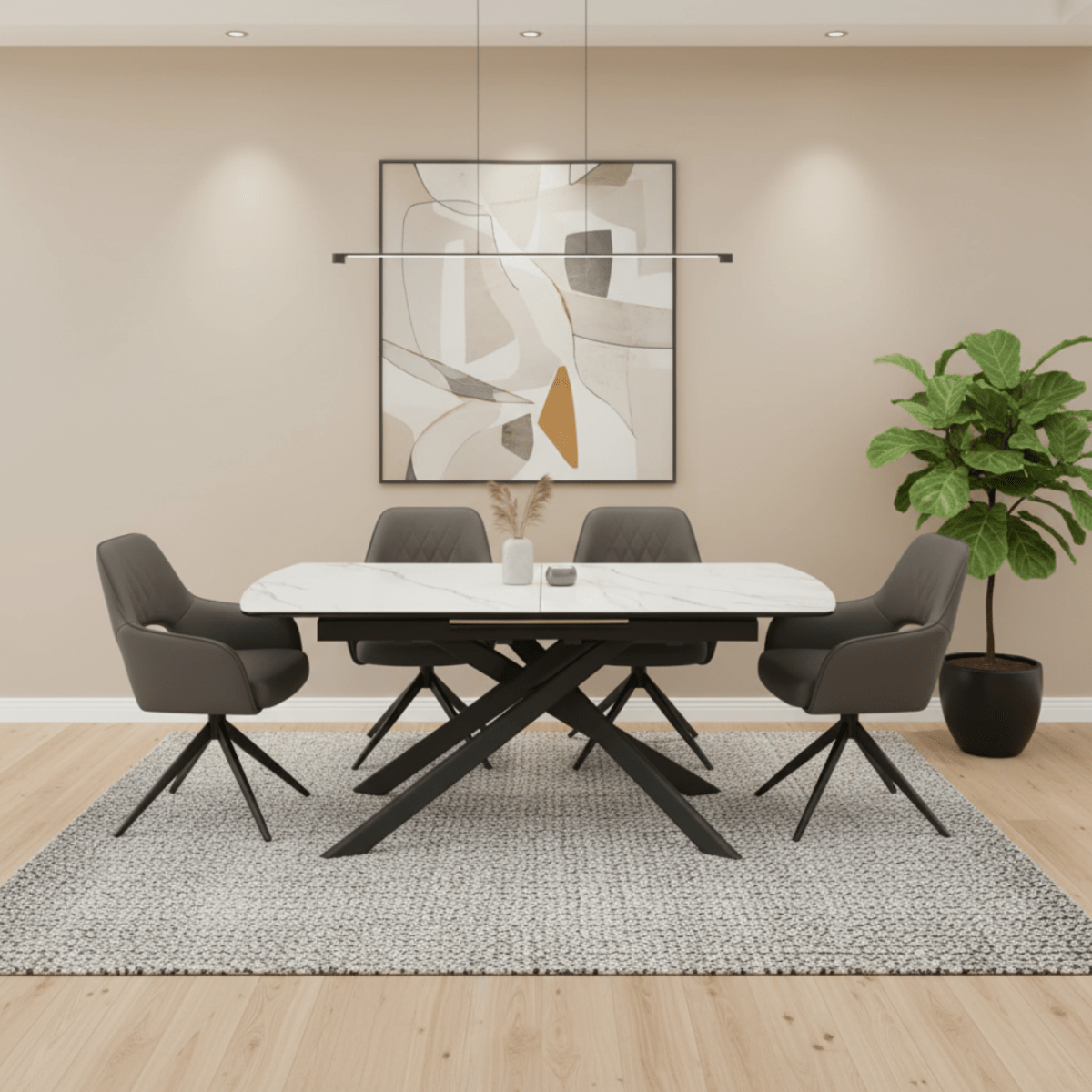 Warrior Large White Ceramic Extending Dining Table with 6 Amani Chairs