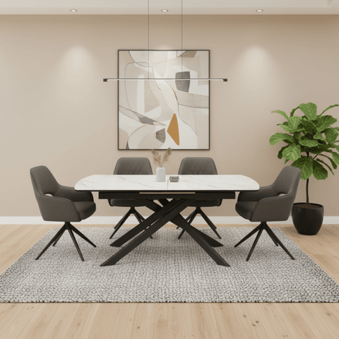 Warrior Large White Ceramic Extending Dining Table with 6 Amani Chairs