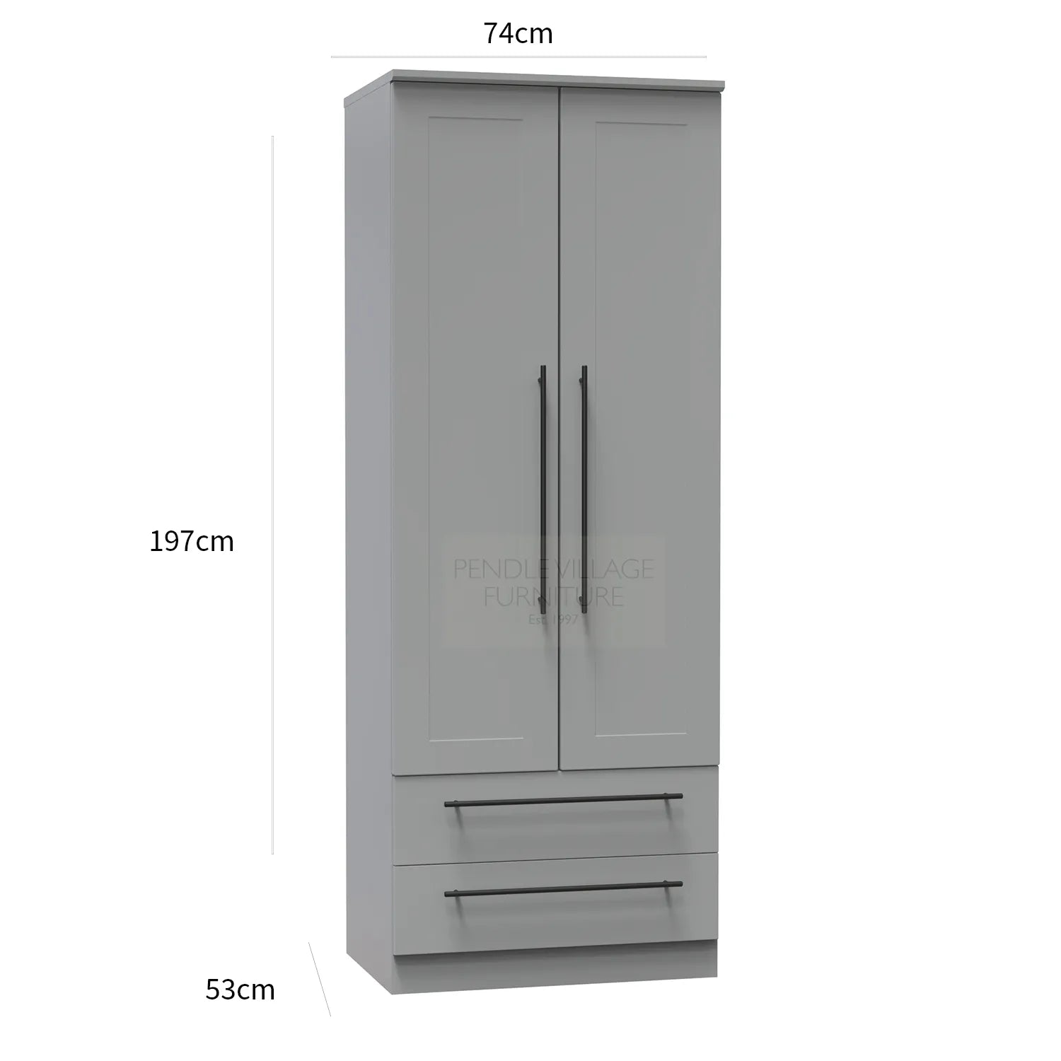 Beverly 2 Door 2 Drawer Wardrobe, Available in Choice of 3 Colours, White, Grey and Kashmir , Free Quick Delivery. Ready Assembled - Dimensions