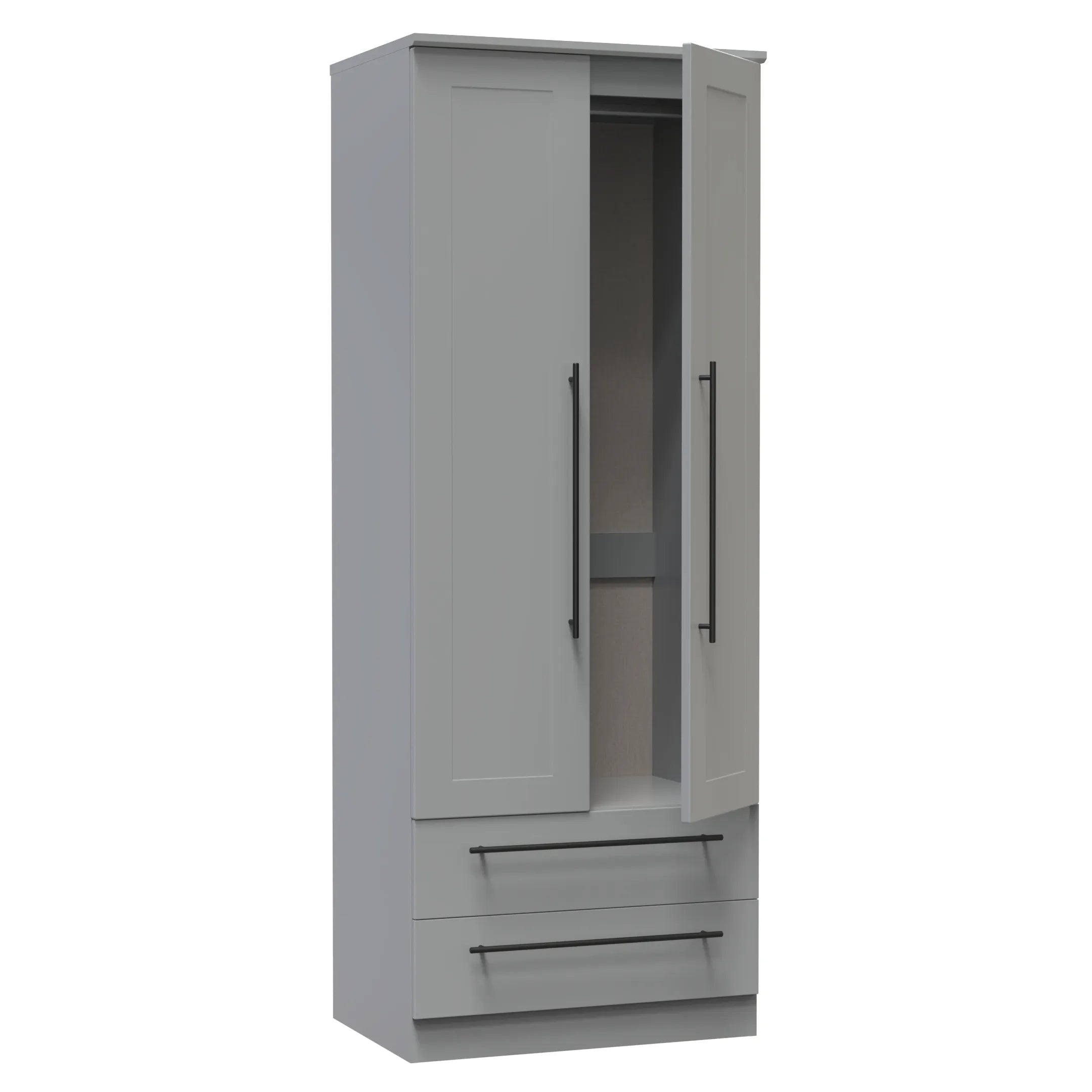 Beverly 2 Door 2 Drawer Wardrobe, Available in Choice of 3 Colours, White, Grey and Kashmir , Free Quick Delivery. Ready Assembled - Open Doors