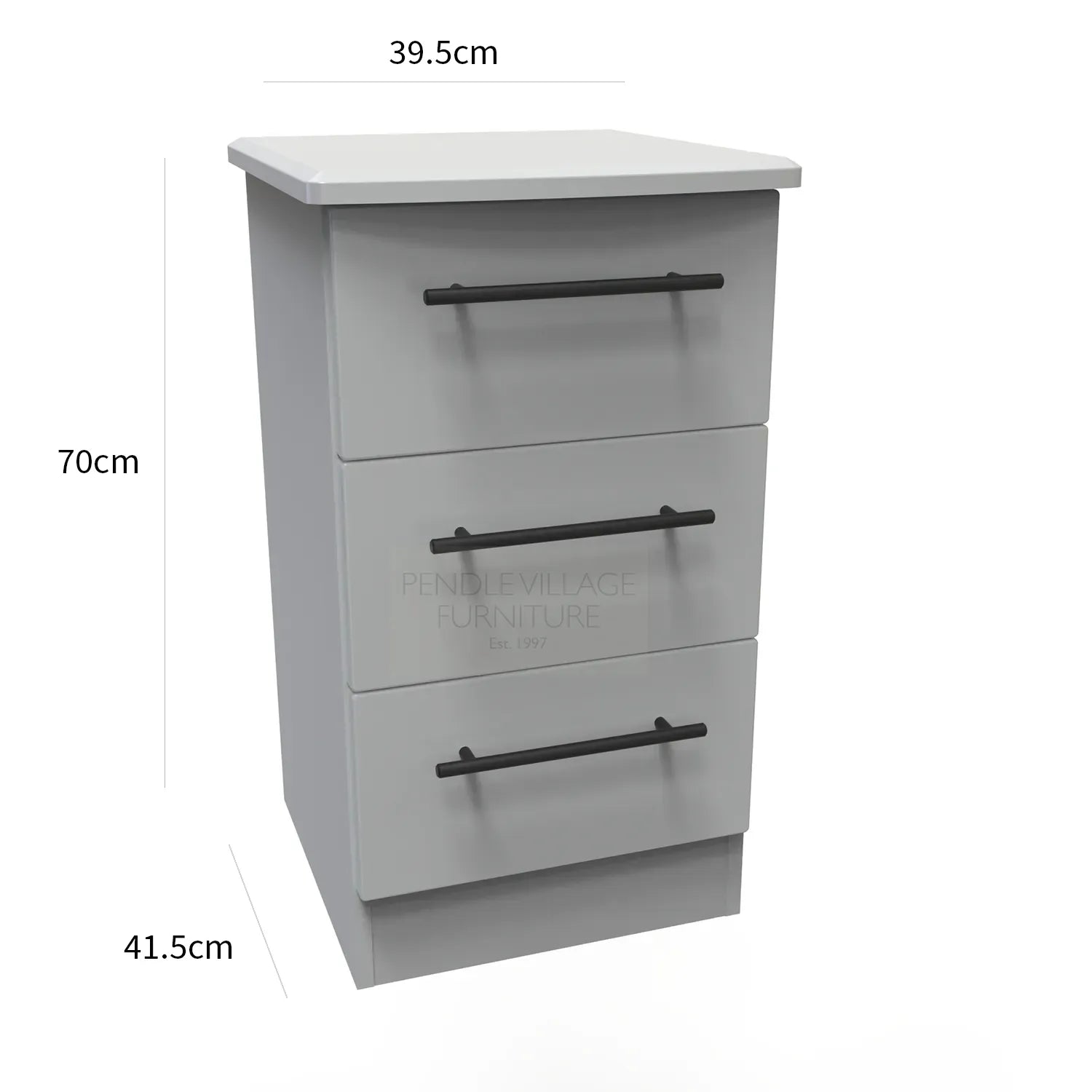 Bedroom Furniture Beverly 3 Drawer Bedside Cabinet, Long Black Door Handles, Available in 3 Colours, Grey, White and Kashmir. Quick Delivery, Comes Assembled - Dimensions