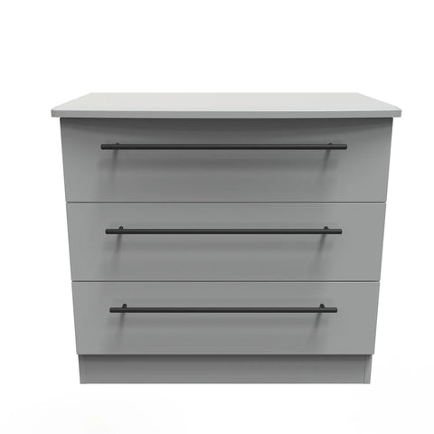 Bedroom Furniture Beverly Grey 3 Drawer Chest, Long Black Door Handles, Available in 3 Colours, Grey, White and Kashmir. Quick Delivery, Comes Assembled - Front view