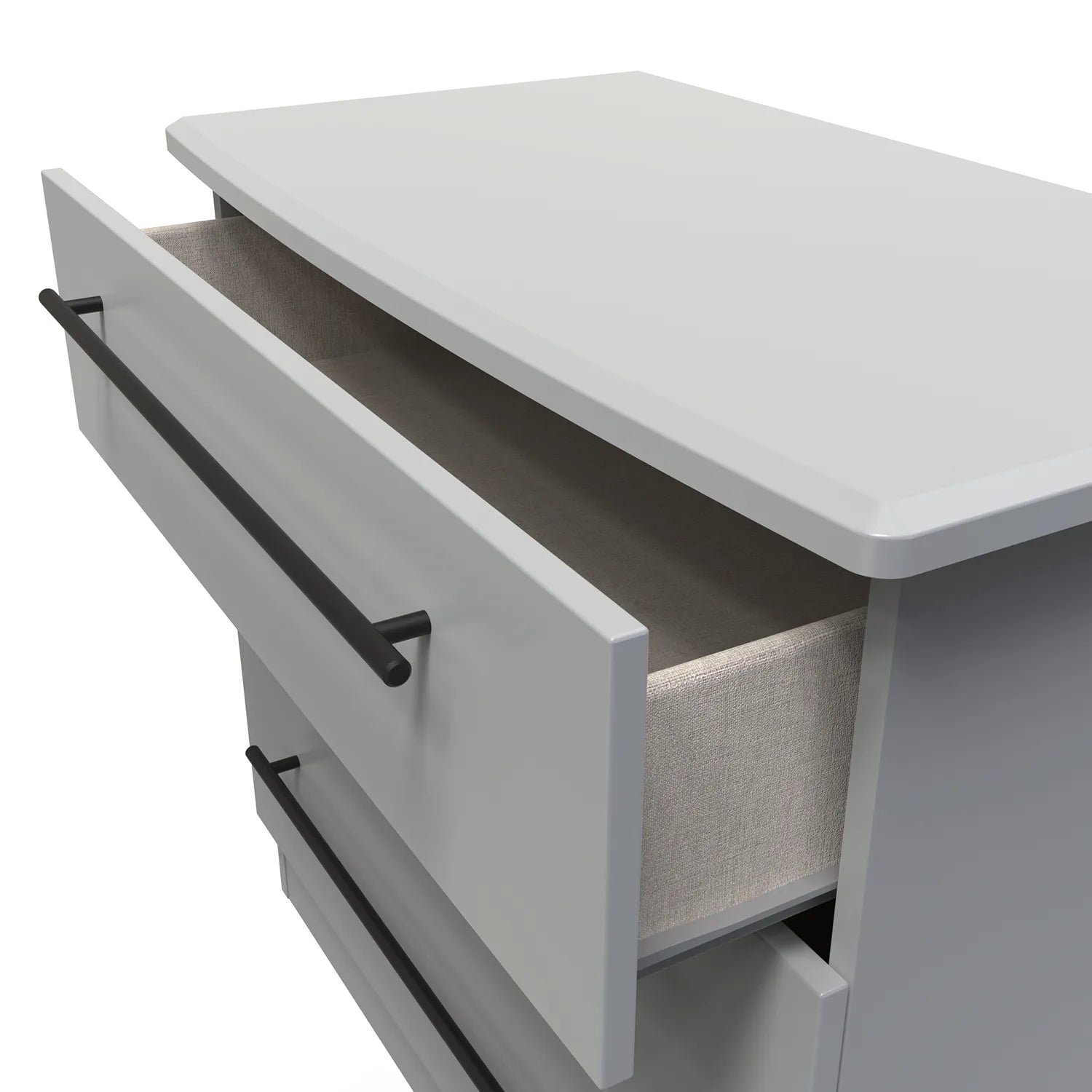Bedroom Furniture Beverly Grey 3 Drawer Chest, Long Black Door Handles, Available in 3 Colours, Grey, White and Kashmir. Quick Delivery, Comes Assembled - Open Drawer