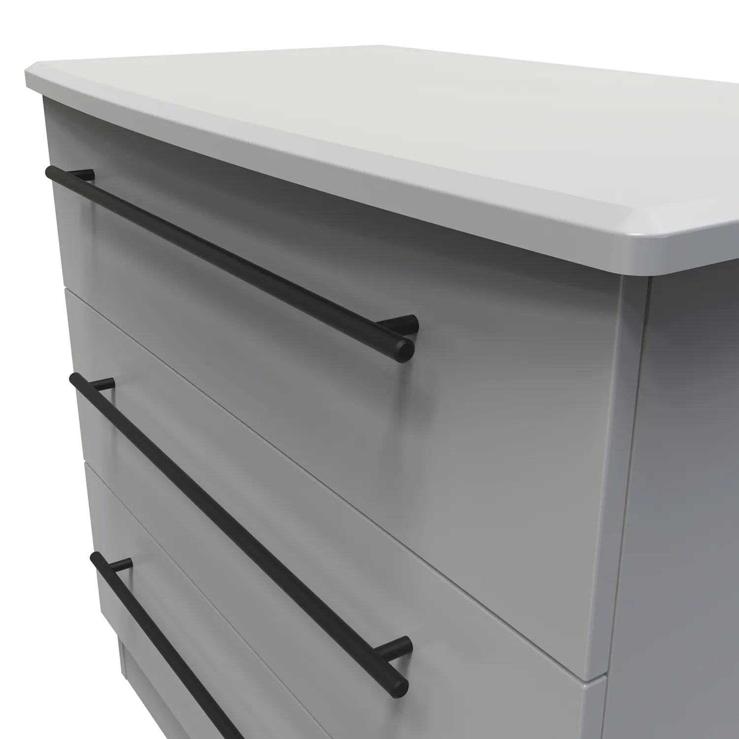 Bedroom Furniture Beverly Grey 3 Drawer Chest, Long Black Door Handles, Available in 3 Colours, Grey, White and Kashmir. Quick Delivery, Comes Assembled - Close Up