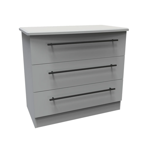 Bedroom Furniture Beverly Grey 3 Drawer Chest, Long Black Door Handles, Available in 3 Colours, Grey, White and Kashmir. Quick Delivery, Comes Assembled - Angled view
