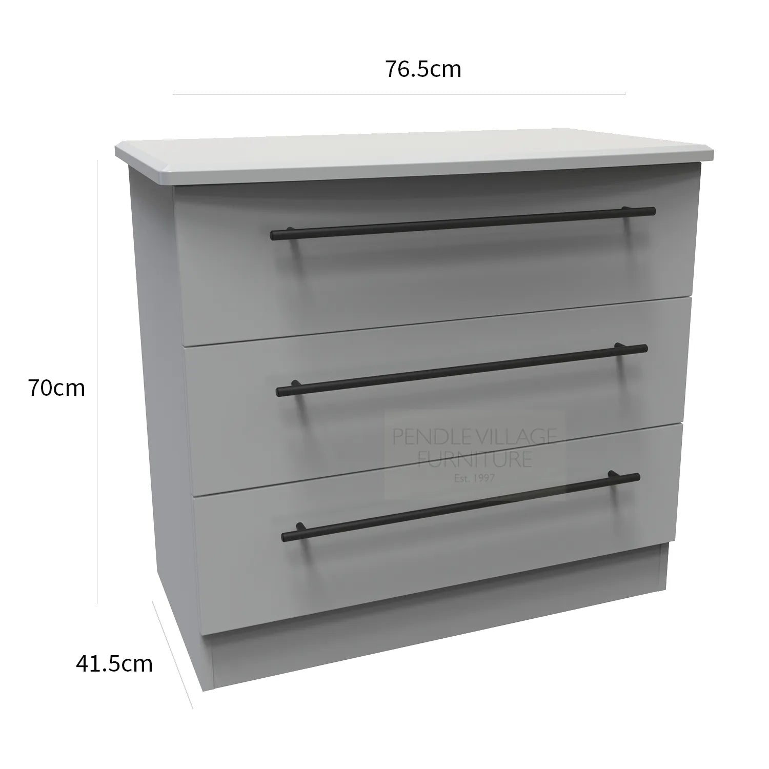 Bedroom Furniture Beverly Grey 3 Drawer Chest, Long Black Door Handles, Available in 3 Colours, Grey, White and Kashmir. Quick Delivery, Comes Assembled - Dimensions