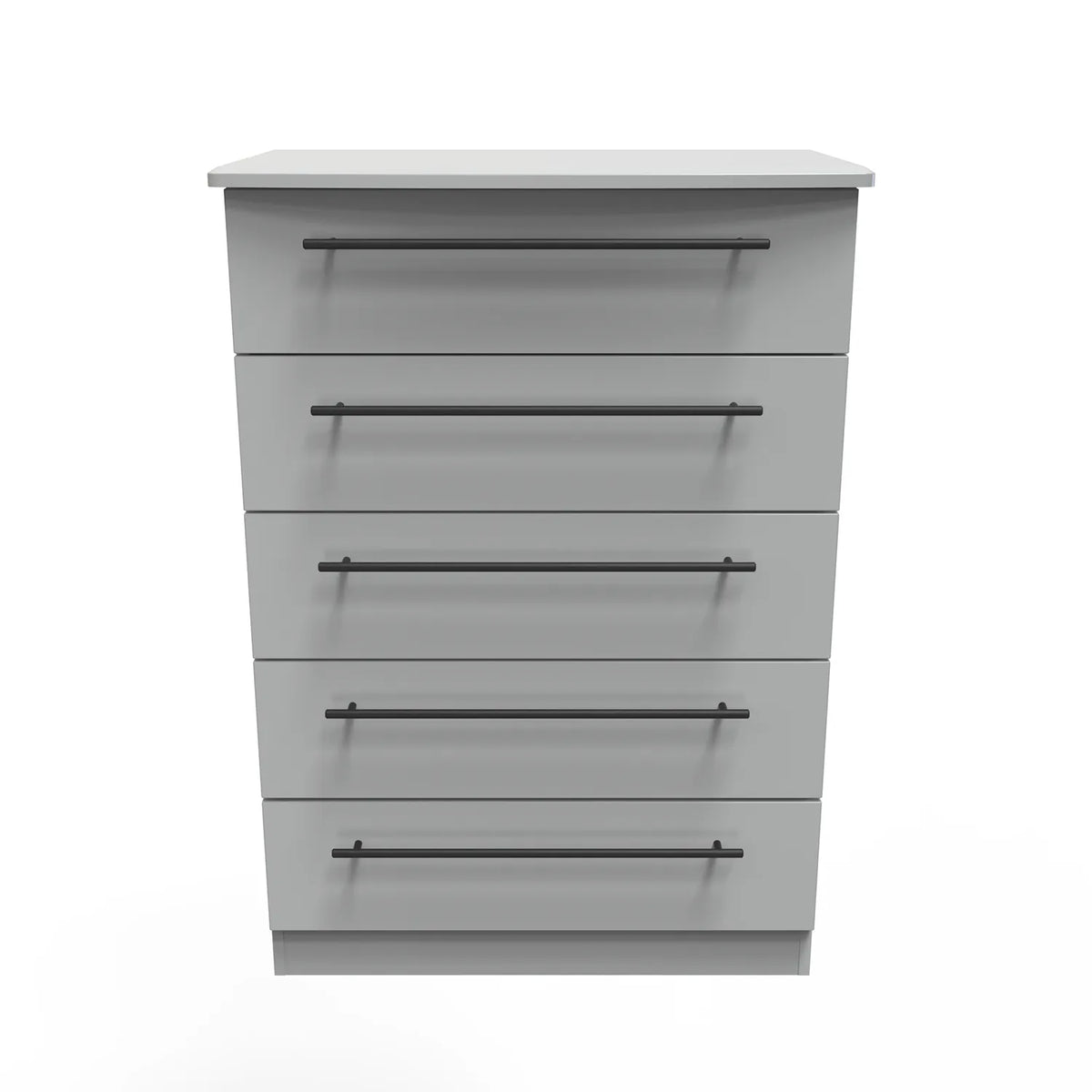 Bedroom Furniture Beverly Grey 5 Drawer Chest, Long Black Door Handles, Available in 3 Colours, Grey, White and Kashmir. Quick Delivery, Comes Assembled - Front view