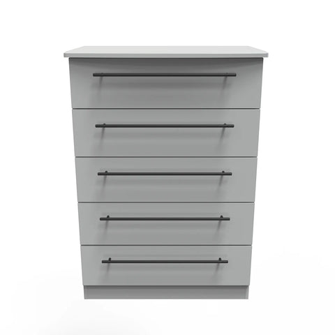 Bedroom Furniture Beverly Grey 5 Drawer Chest, Long Black Door Handles, Available in 3 Colours, Grey, White and Kashmir. Quick Delivery, Comes Assembled - Front view