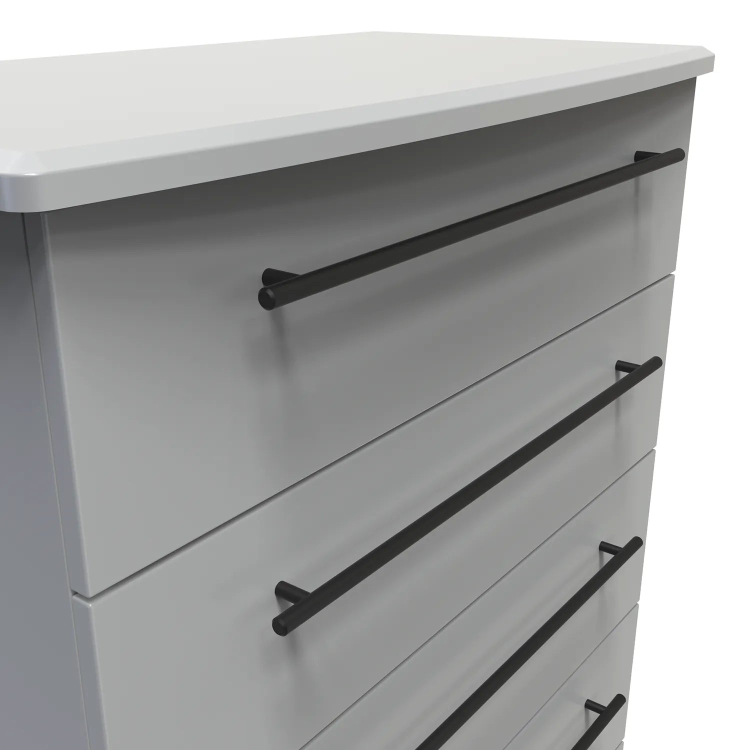 Bedroom Furniture Beverly Grey 5 Drawer Chest, Long Black Door Handles, Available in 3 Colours, Grey, White and Kashmir. Quick Delivery, Comes Assembled - Close View