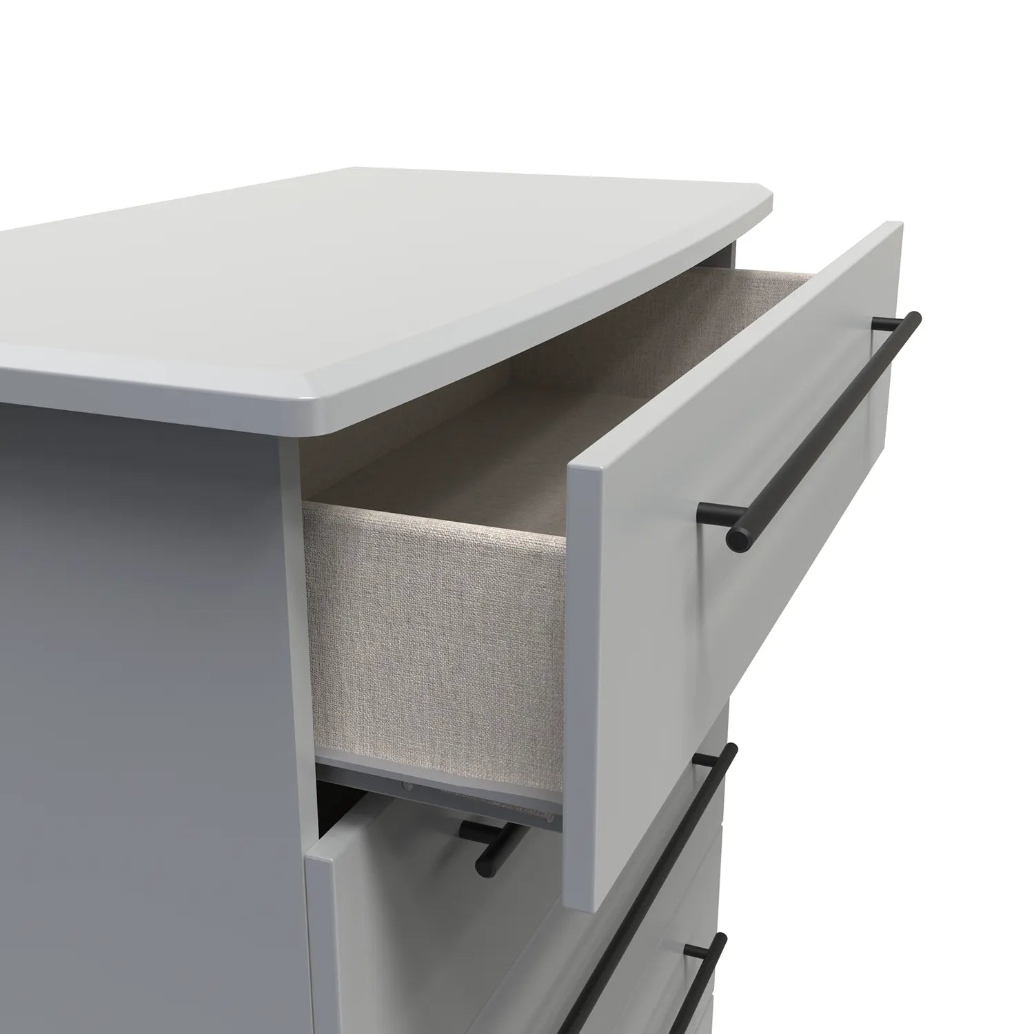 Bedroom Furniture Beverly Grey 5 Drawer Chest, Long Black Door Handles, Available in 3 Colours, Grey, White and Kashmir. Quick Delivery, Comes Assembled - Open Drawer