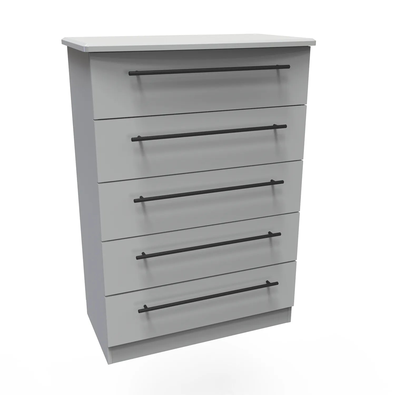 Bedroom Furniture Beverly Grey 5 Drawer Chest, Long Black Door Handles, Available in 3 Colours, Grey, White and Kashmir. Quick Delivery, Comes Assembled - Angled view